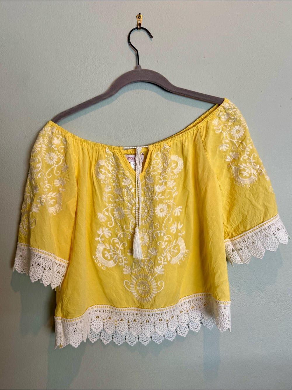 Lightweight Yellow Embroidered Off-Shoulder Tunic with Lace Trim